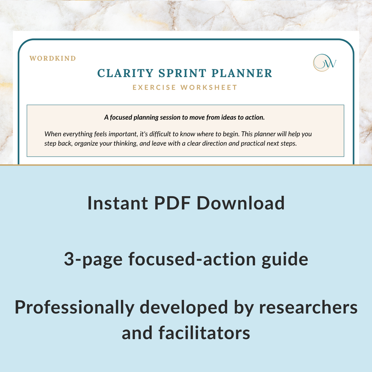 Promotional graphic for a digital product, 'Clarity Sprint Planner' exercise worksheet by Wordkind. The top half shows a preview of the worksheet with a cream background and teal border.