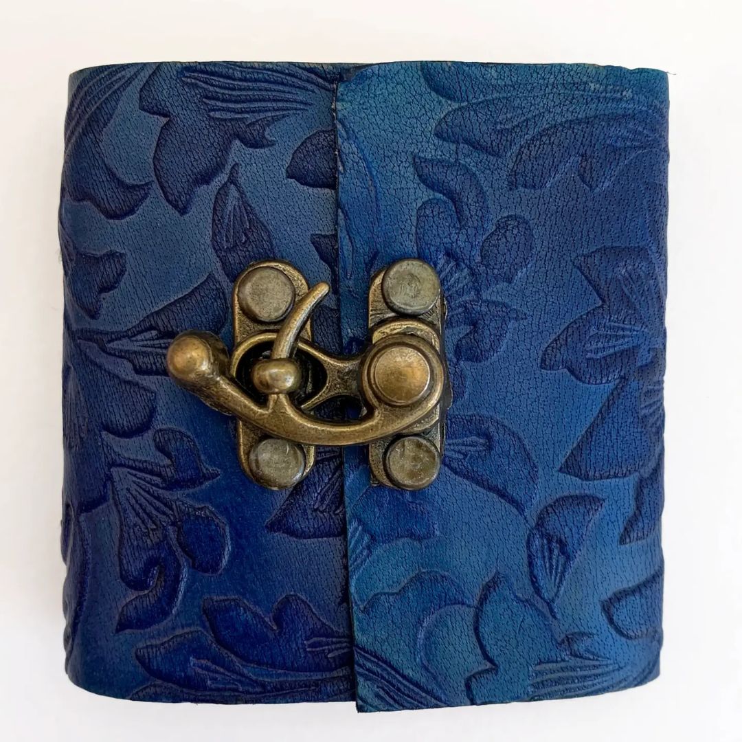 Blue embossed leather 3x3 inch mini journal.
