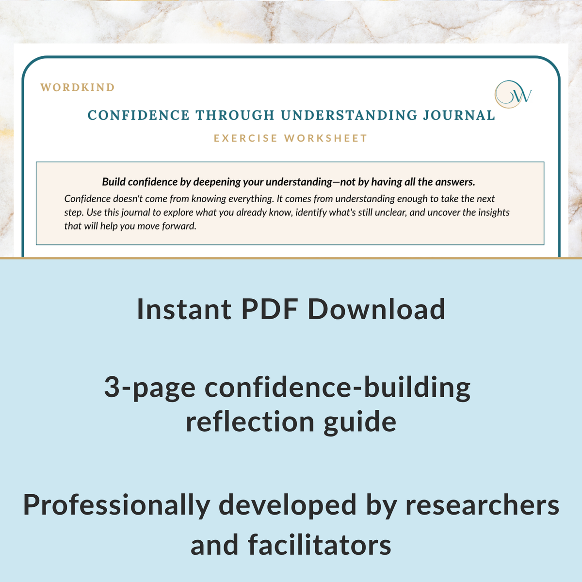Digital listing graphic for a Wordkind 'Confidence Through Understanding Journal' exercise worksheet, showing a preview of the worksheet header and text stating 'Instant PDF Download', '3-page confidence-building reflection guide', and 'Professionally developed by researchers and facilitators' on a light blue background.