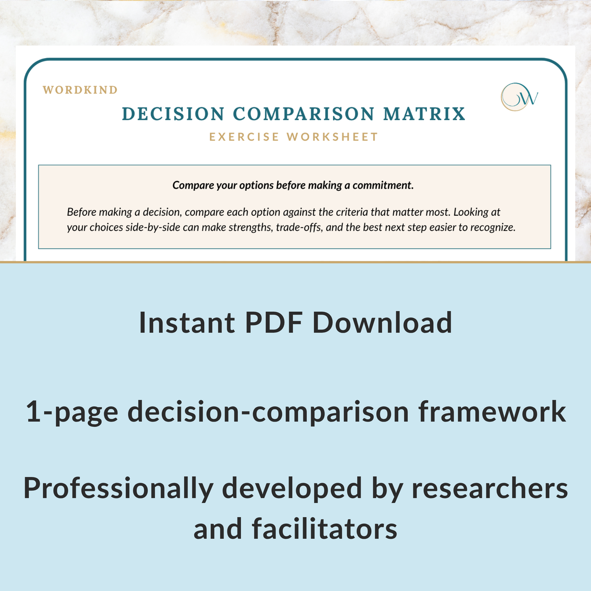 Digital listing graphic for a Wordfind PDF download titled 'Decision Comparison Matrix Exercise Worksheet,' with a sample worksheet preview at the top and text below reading 'Instant PDF Download,' '1-page decision-comparison framework,' and 'Professionally developed by researchers and facilitators.'.