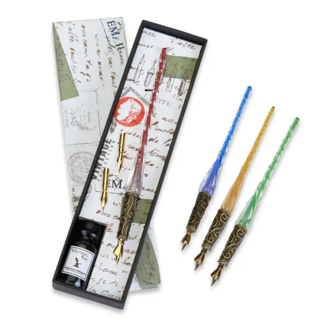Glass Pen and Ink Set with Decorative Metal Holder and Nibs -Gold - Wordkind