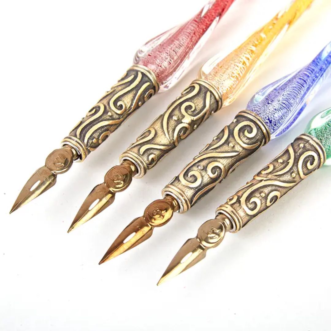 Glass Pen and Ink Set with Decorative Metal Holder and Nibs -Gold - Wordkind