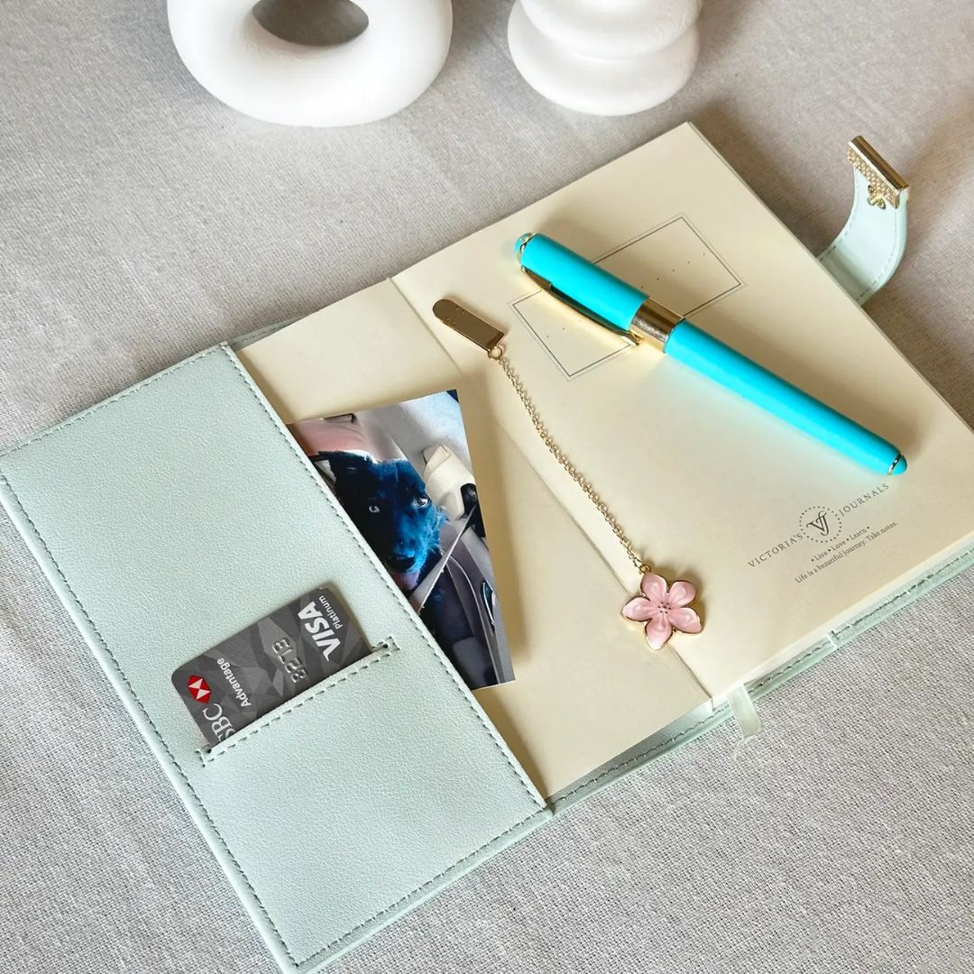Soft Vegan Leather Journal with Sakura Bookmark- Green Notebook