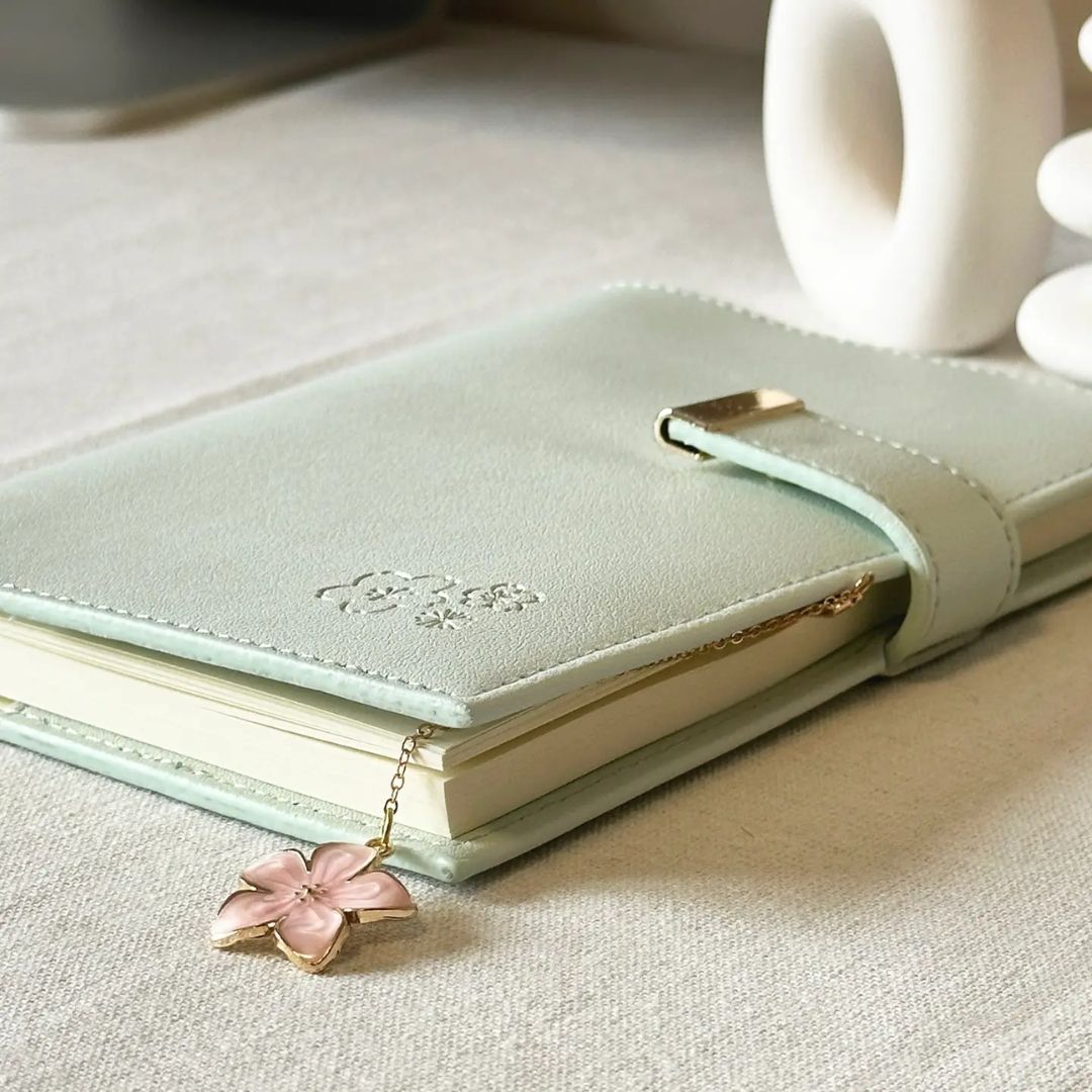 Soft Vegan Leather Journal with Sakura Bookmark- Green Notebook