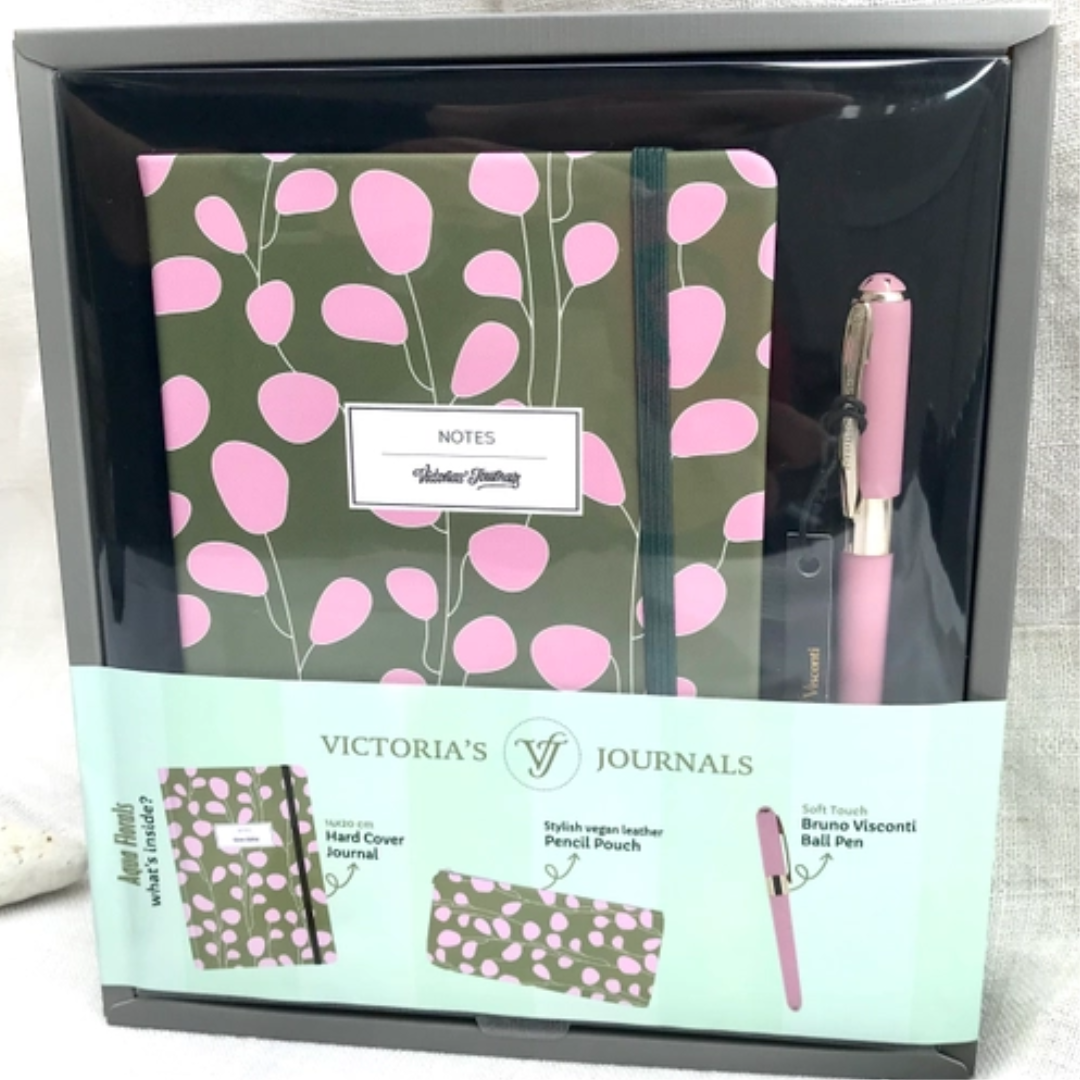 Vegan Leather Hard Cover Journal, Pouch and Pen Gift Set (Green/Pink) - Wordkind