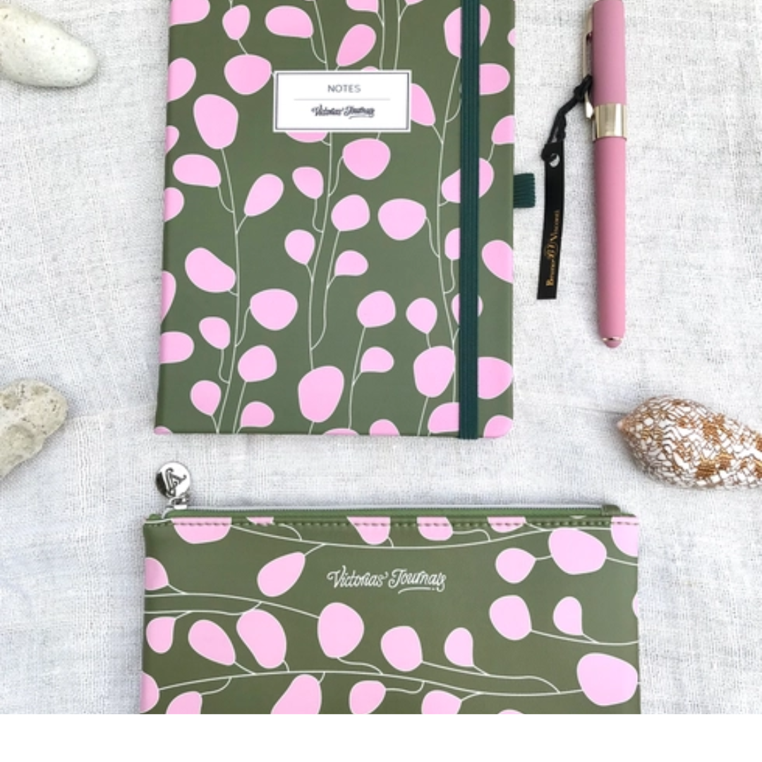Vegan Leather Hard Cover Journal, Pouch and Pen Gift Set (Green/Pink) - Wordkind