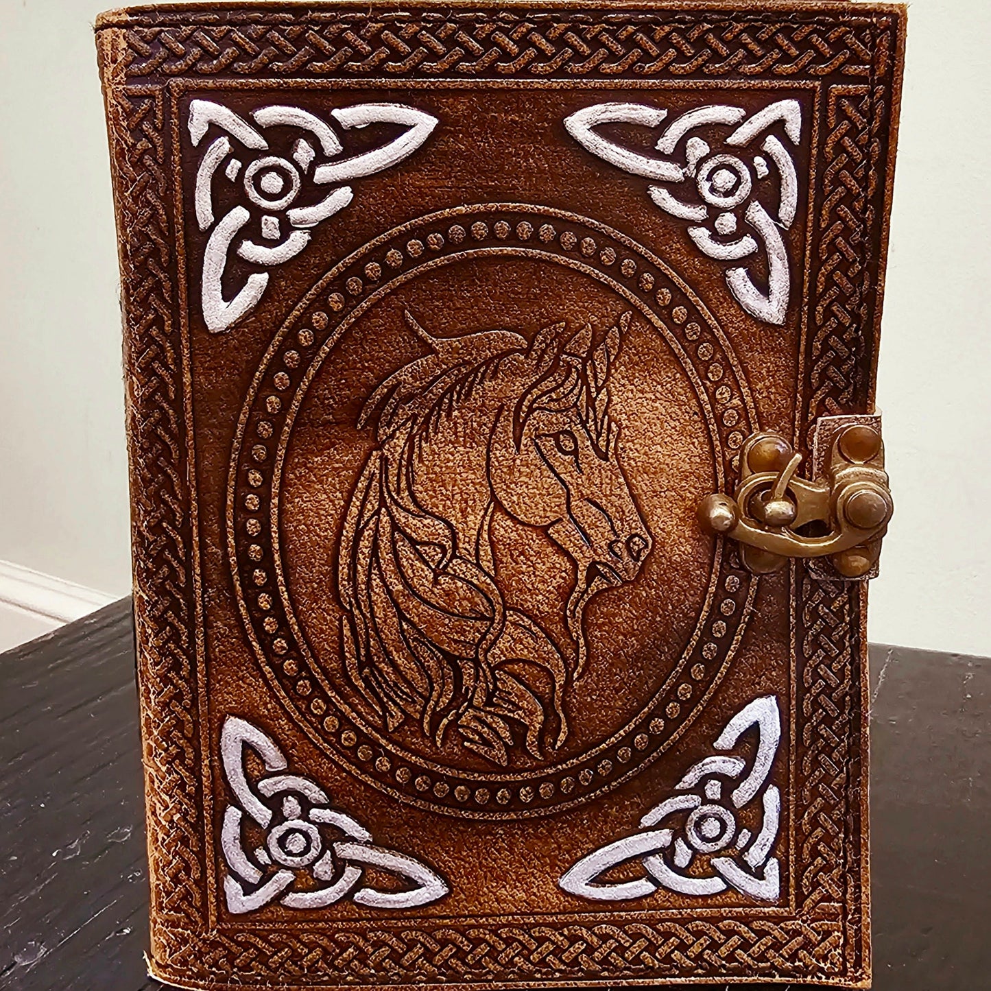 Handmade Celtic Unicorn Leather Journal in Golden Tan - Wordkind Stationery Boutique