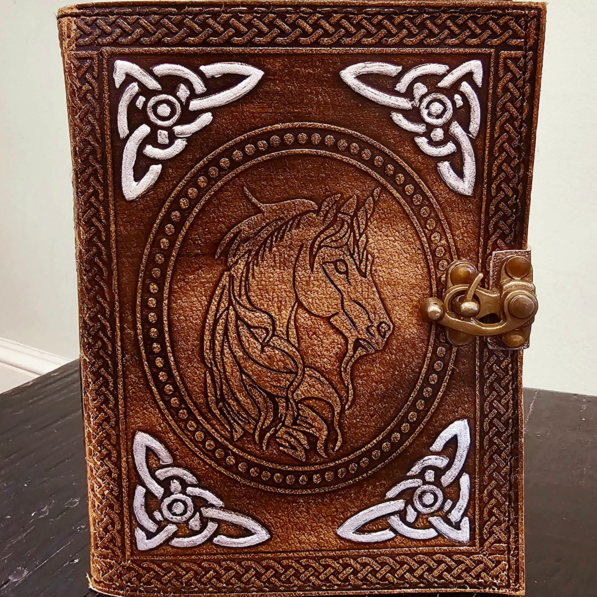 Handmade Celtic Unicorn Leather Journal in Golden Tan - Wordkind Stationery Boutique