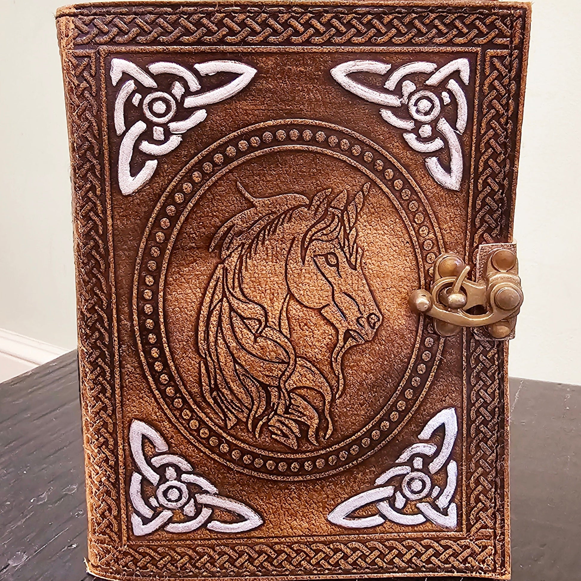 Handmade Celtic Unicorn Leather Journal in Golden Tan - Wordkind Stationery Boutique