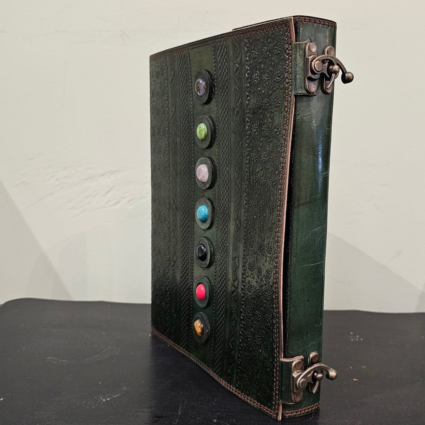 Handmade Gemstone Leather Journal – Elegant Dark Green - Wordkind Stationery Boutique