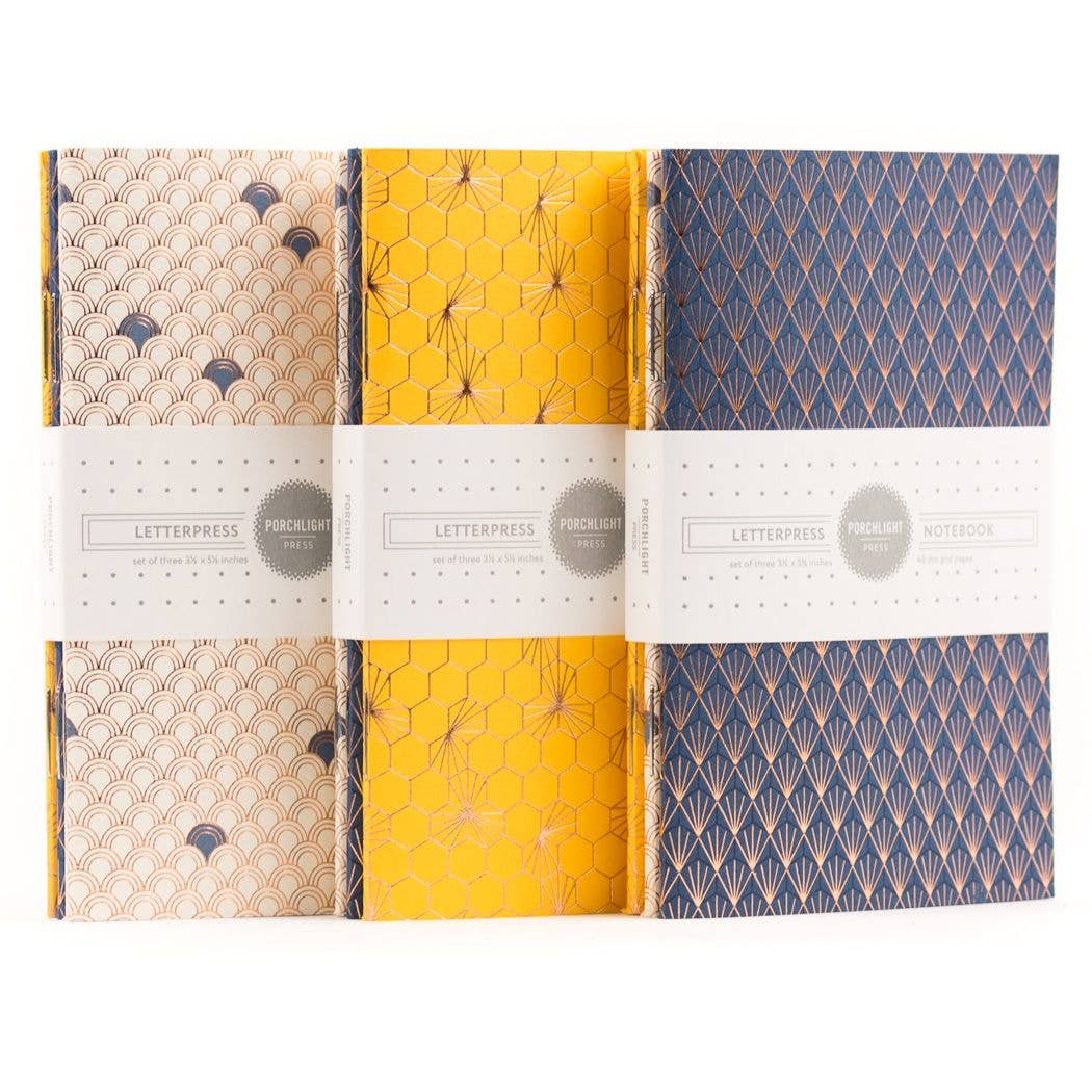 Set of 3 Pocket Letterpress Notebooks - Geometric Foil: Dot Pages - Wordkind Stationery Boutique