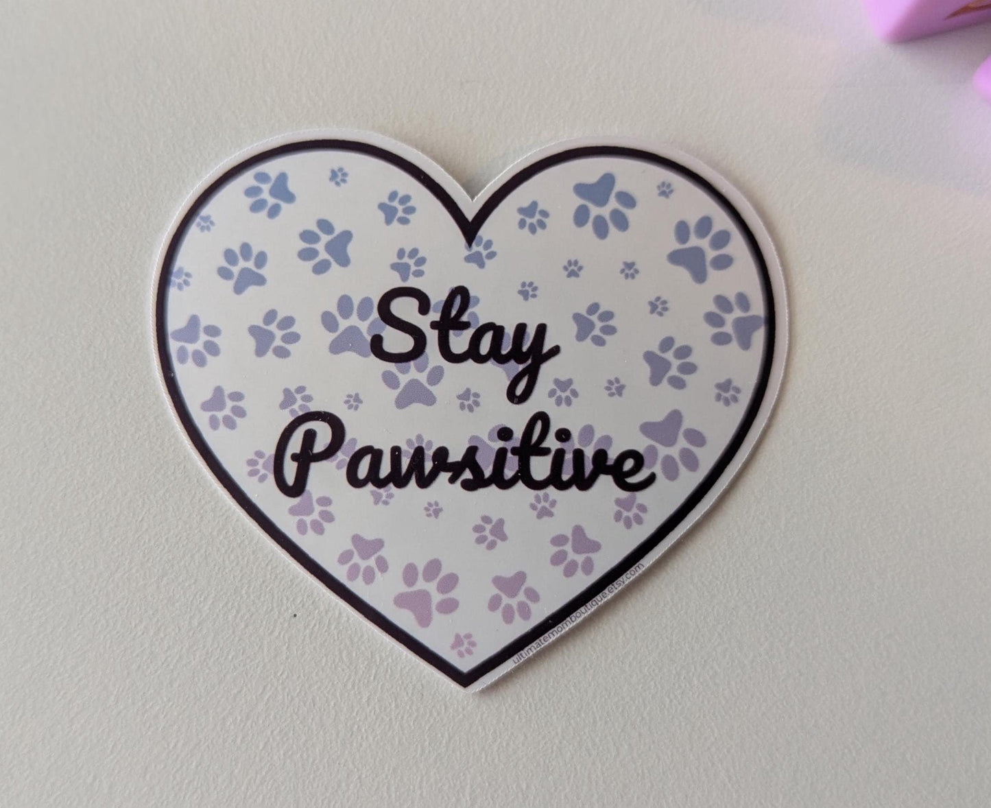 Stay Pawsitive Heart Shaped Vinyl Sticker - Wordkind Stationery Boutique