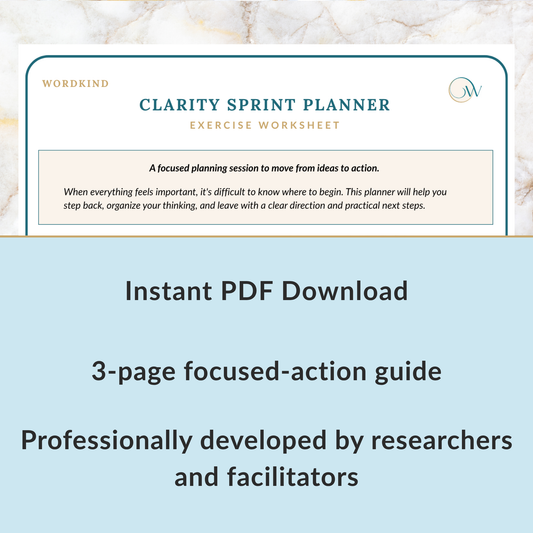 Promotional graphic for a digital product, 'Clarity Sprint Planner' exercise worksheet by Wordkind. The top half shows a preview of the worksheet with a cream background and teal border.