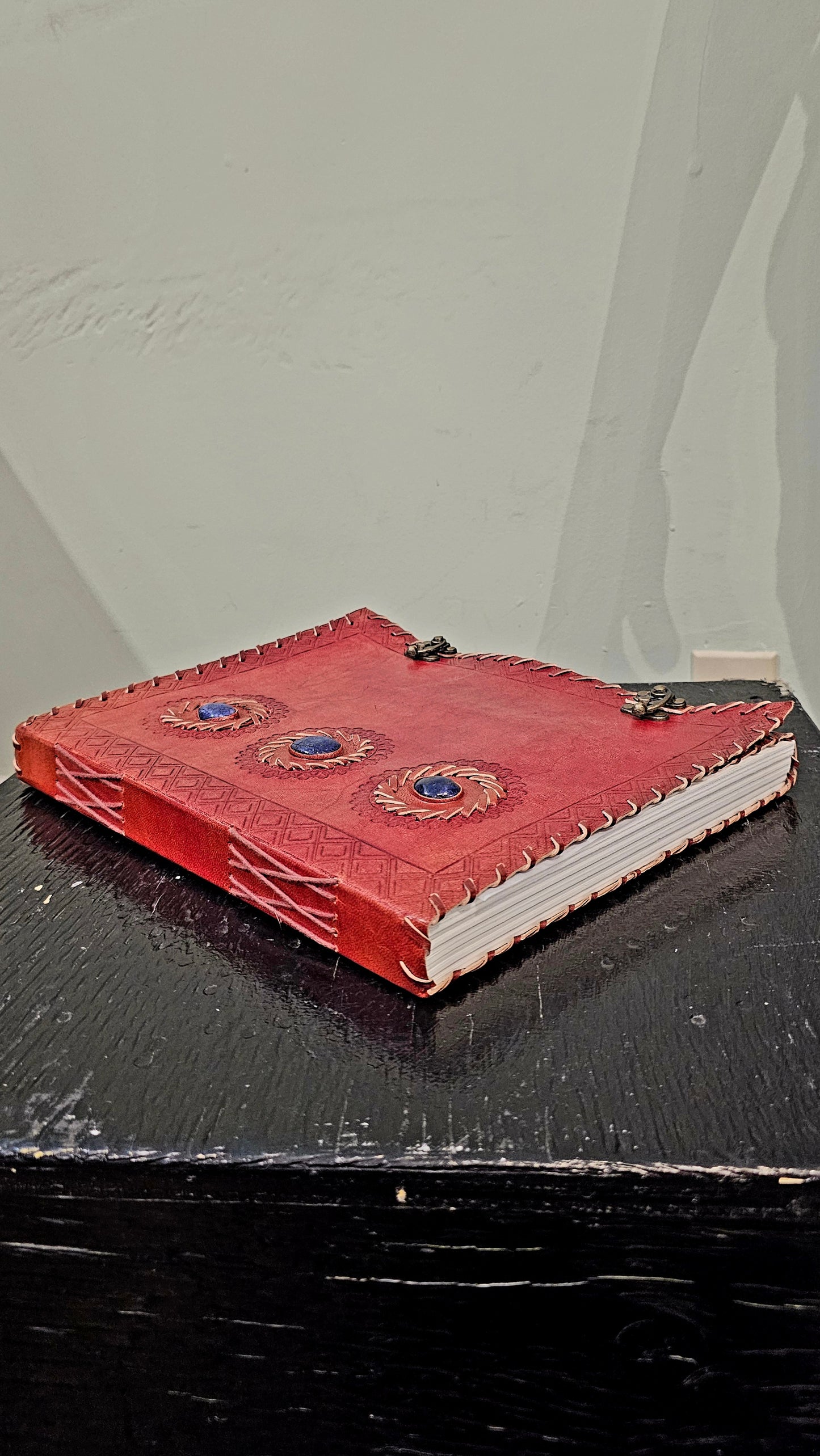 Sienna-Coloured Leather Journal with Lapis Lazuli Gemstones