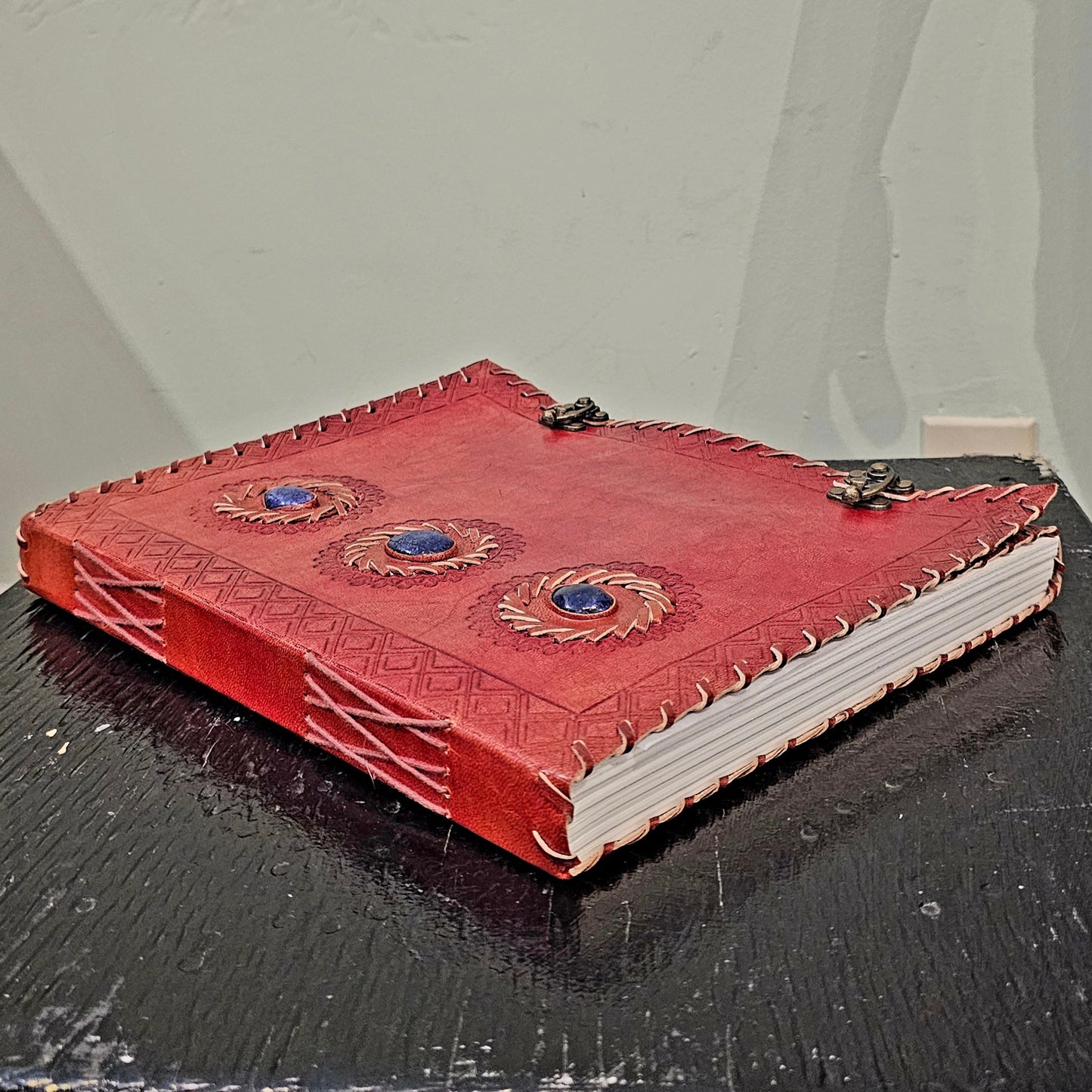 Sienna-Coloured Leather Journal with Lapis Lazuli Gemstones