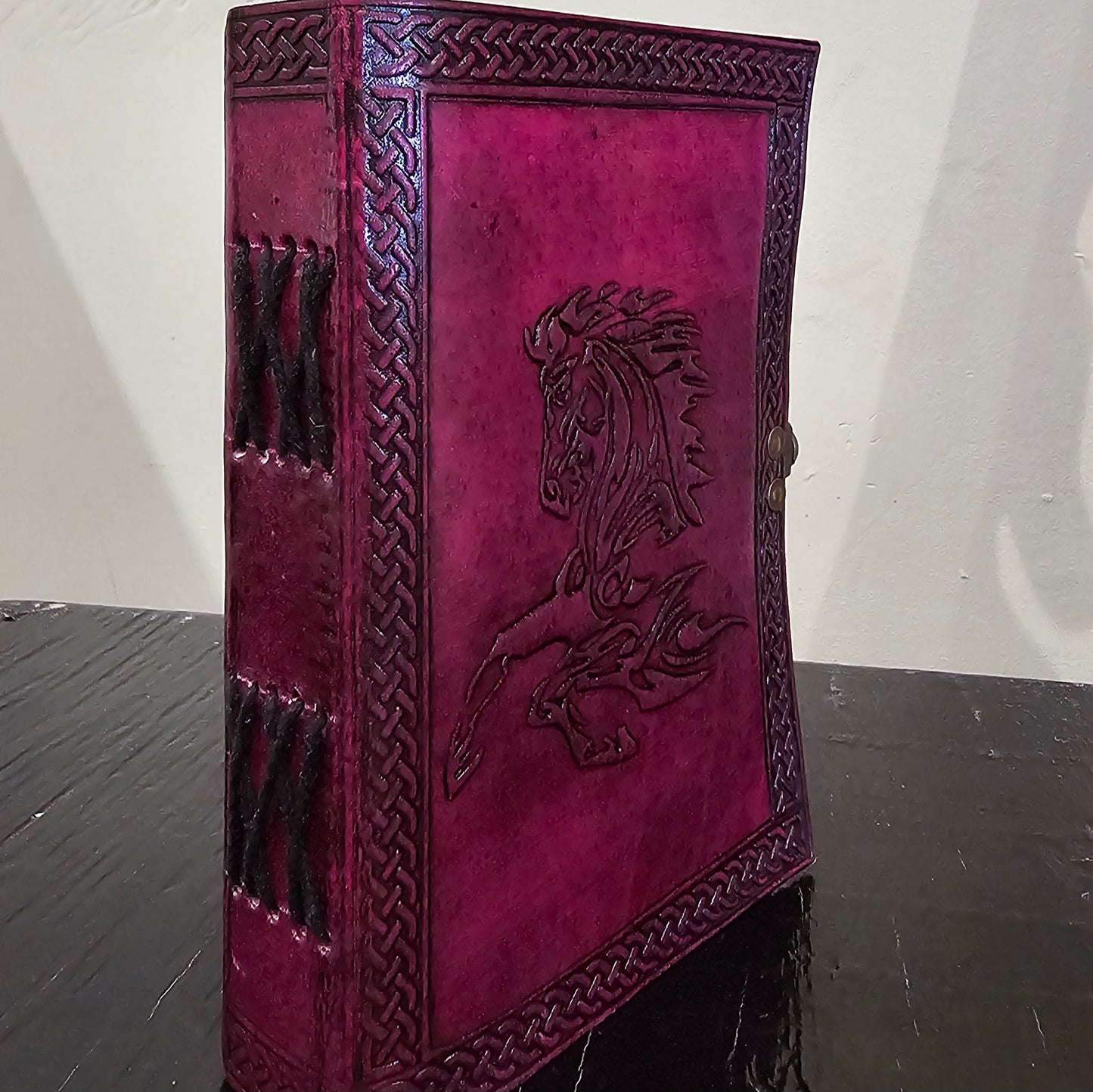 Handmade Celtic Horse Leather Journal in Royal Fuchsia