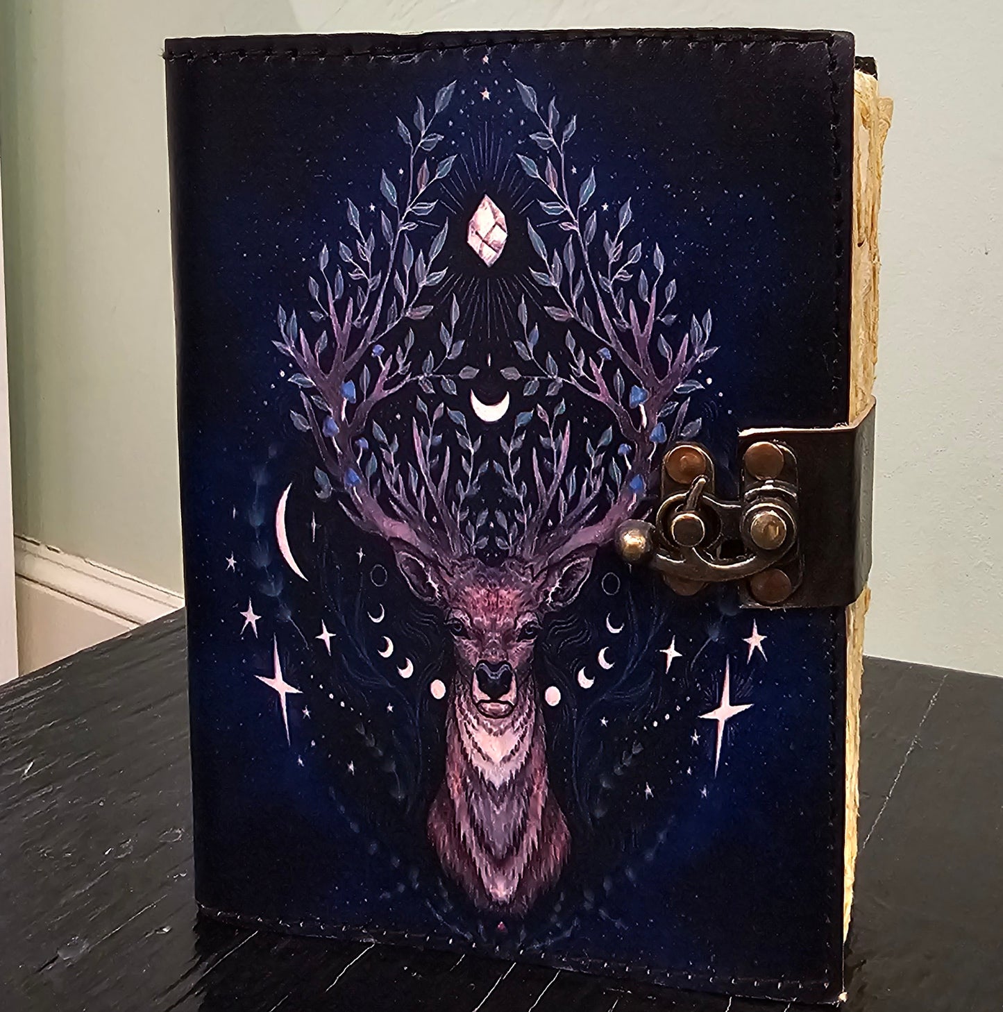 Handmade Deer with Celestial Antlers Leather Journal