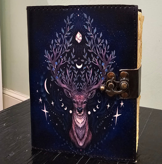 Handmade Deer with Celestial Antlers Leather Journal