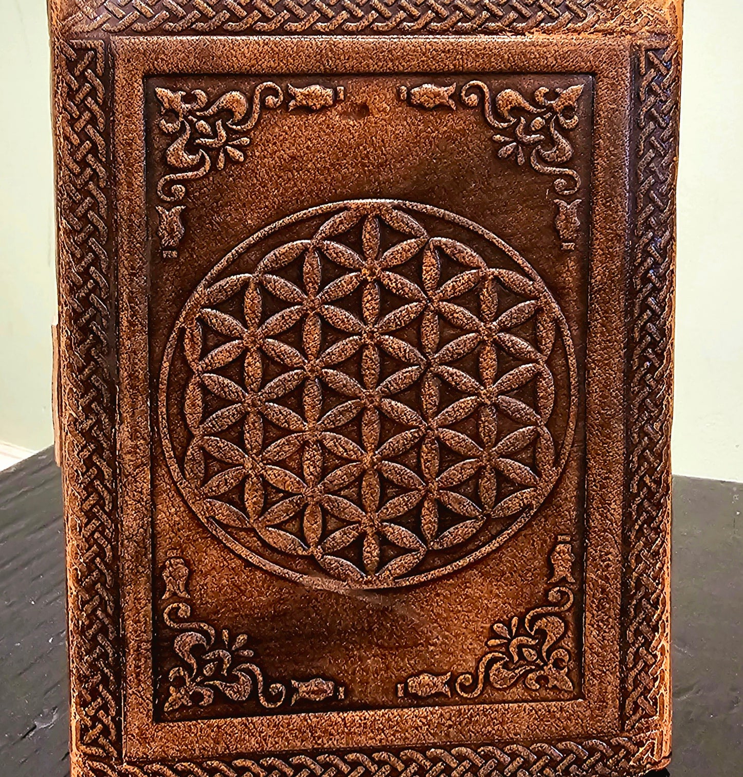 Handmade Celtic Unicorn Leather Journal in Golden Tan