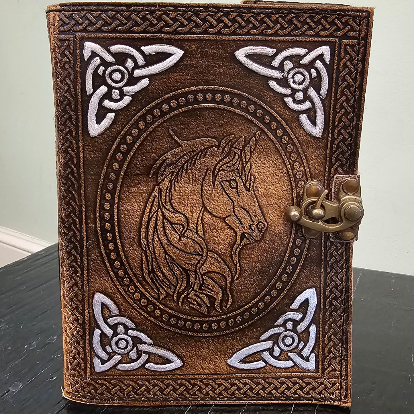 Handmade Celtic Unicorn Leather Journal in Golden Tan