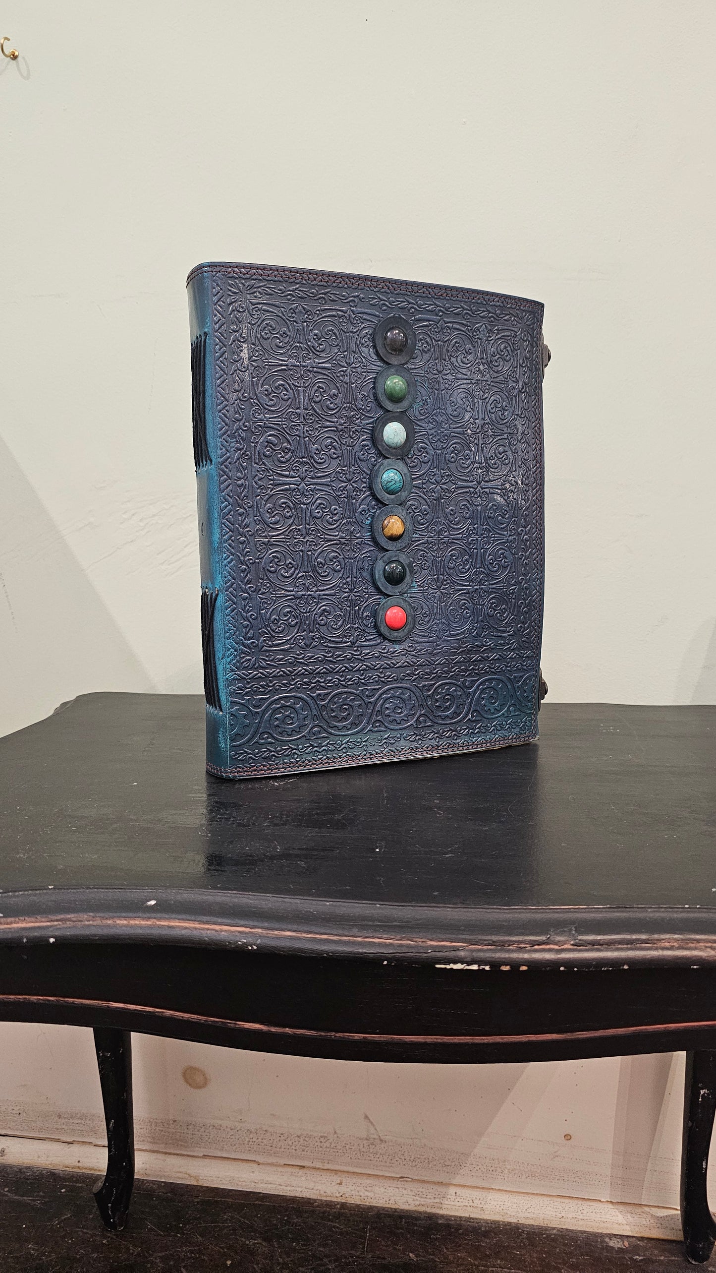 Handmade Leather Journal with Gemstones – Elegant Deep Turquoise