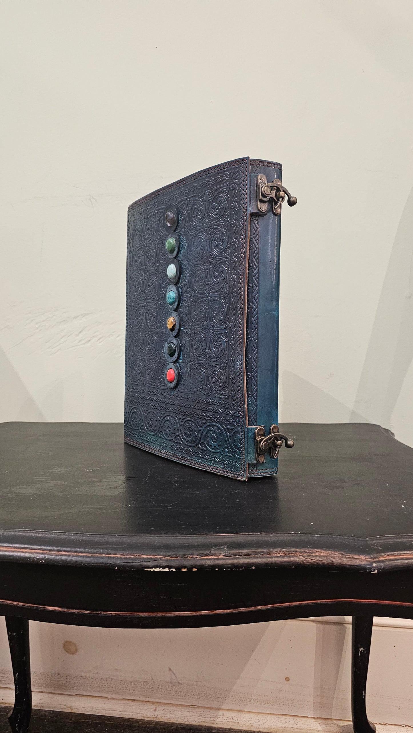 Handmade Leather Journal with Gemstones – Elegant Deep Turquoise