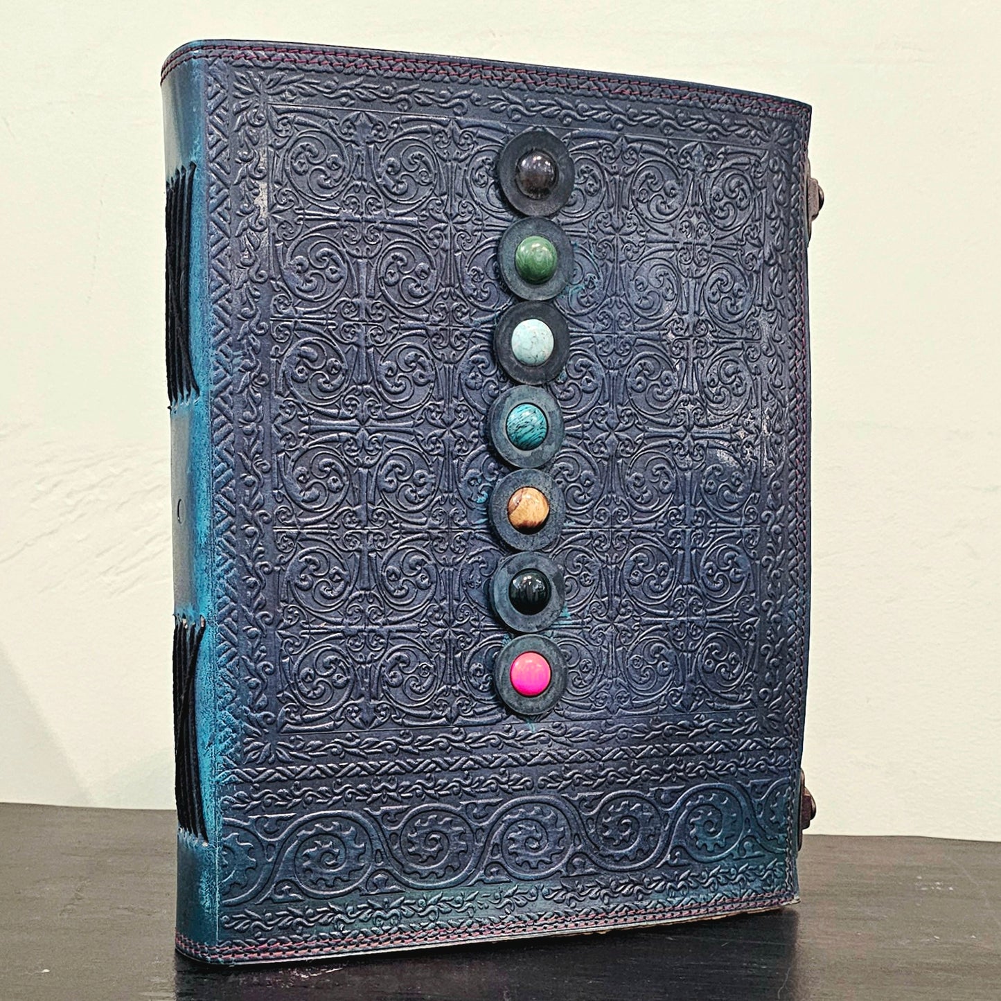 Handmade Leather Journal with Gemstones – Elegant Deep Turquoise