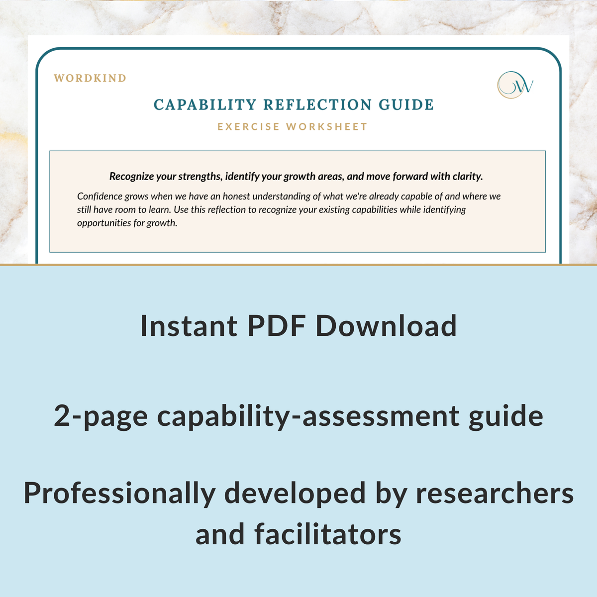 Preview of the Wordkind Capability Reflection Guide, a 2-page capability-assessment guide for identifying business strengths and areas for development. Instant PDF download, professionally developed by researchers and facilitators.