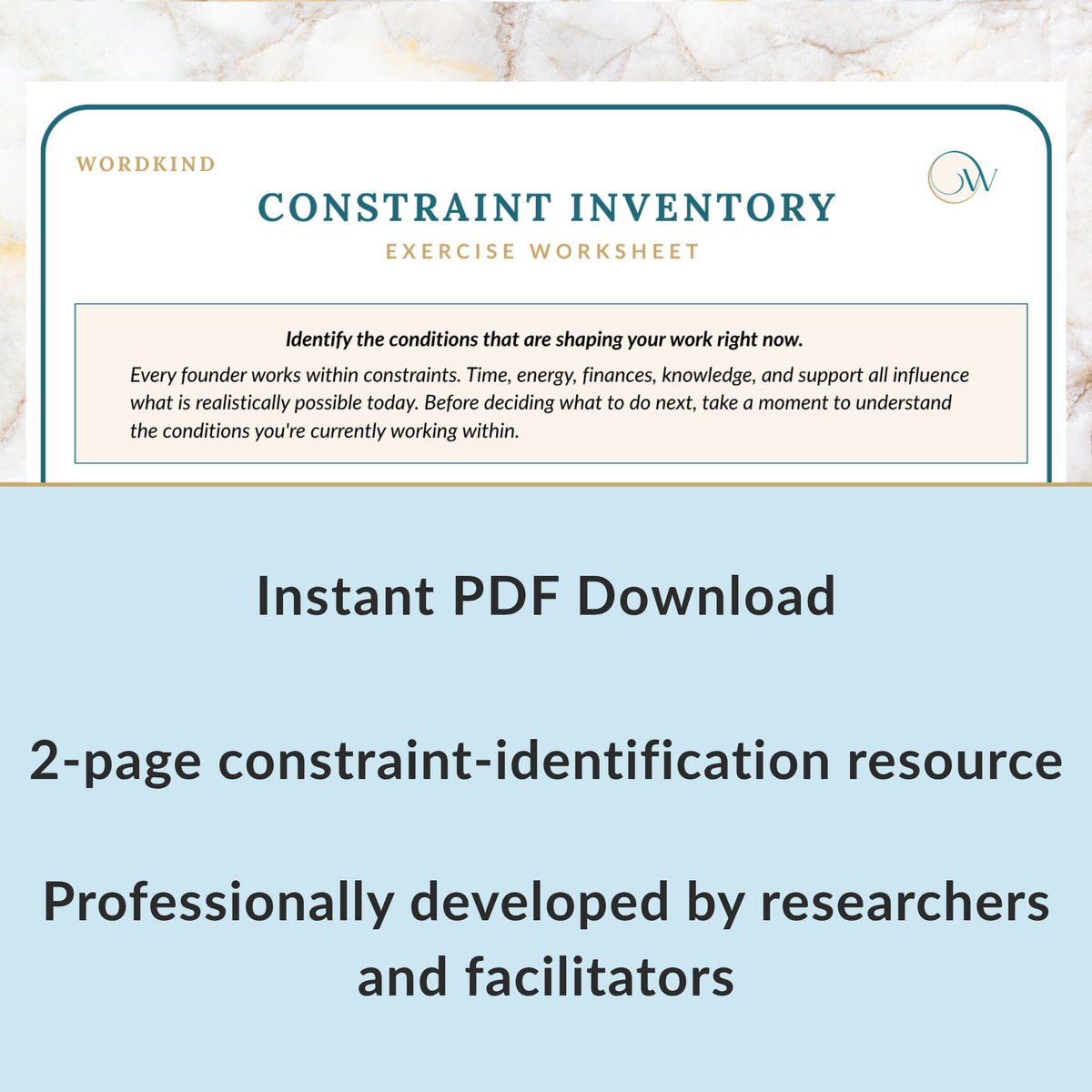 Digital listing graphic for a Wordkind Constraint Inventory Exercise Worksheet instant PDF download, featuring a sample worksheet preview on a marble background above a light blue section with descriptive text.