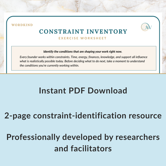 Digital listing graphic for a Wordkind Constraint Inventory Exercise Worksheet instant PDF download, featuring a sample worksheet preview on a marble background above a light blue section with descriptive text.
