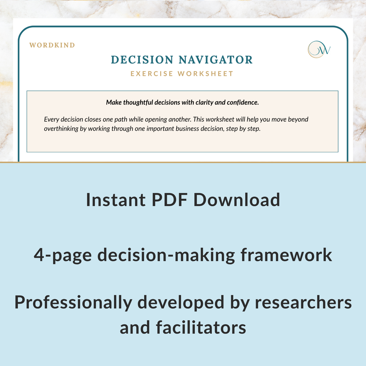 Promotional graphic for a Wordkind 'Decision Navigator Exercise Worksheet' instant PDF download. The top portion shows a preview of the worksheet cover with a cream background, teal title text, and a light beige text box.