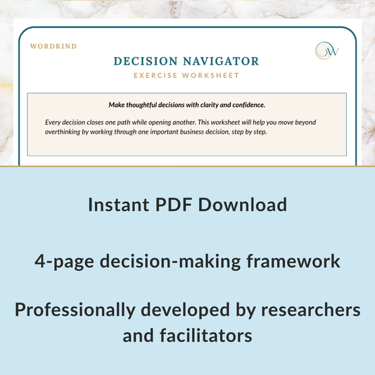 Promotional graphic for a Wordkind 'Decision Navigator Exercise Worksheet' instant PDF download. The top portion shows a preview of the worksheet cover with a cream background, teal title text, and a light beige text box.