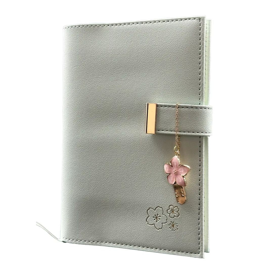 Soft Vegan Leather Journal with Sakura Bookmark- Green Notebook