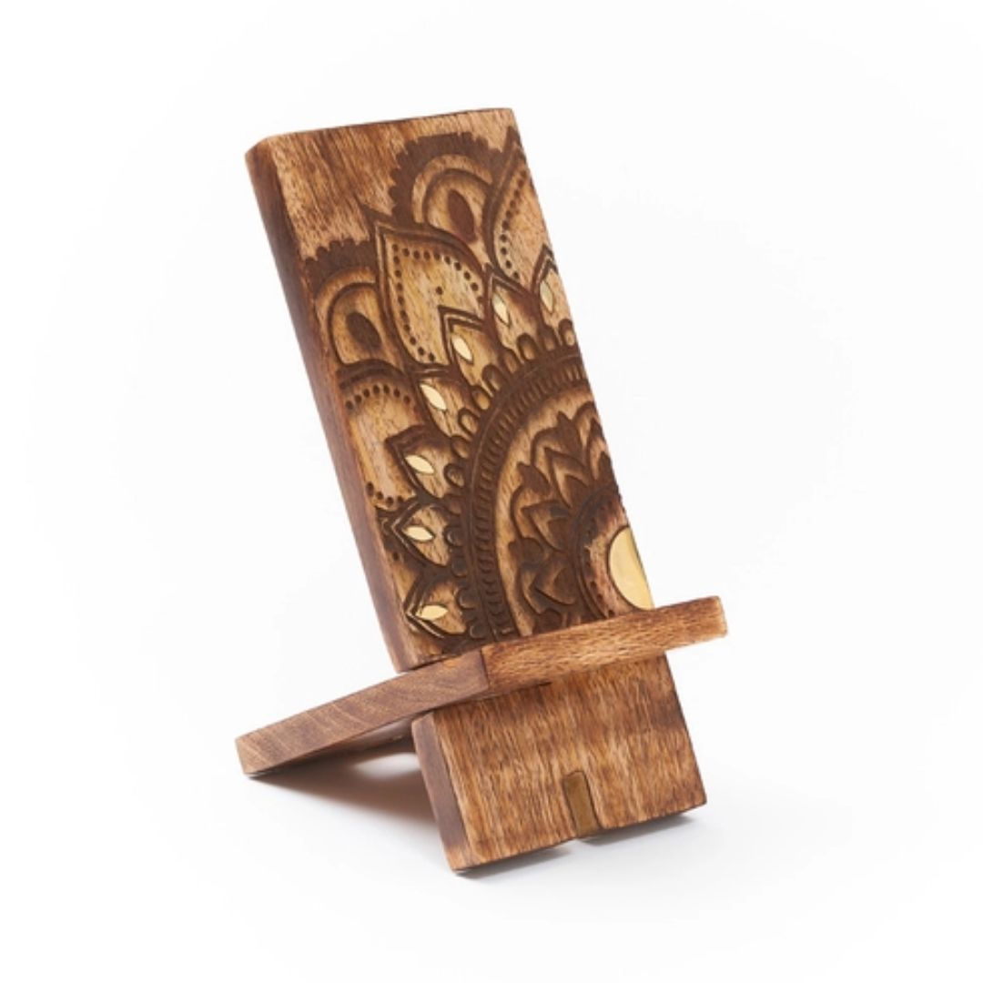 Mandala Phone Holder - Mango Wood, Brass Inlay - Wordkind