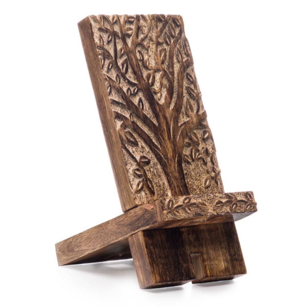 Tree of Life Phone Stand For Desk-Hand Carved Wood - Wordkind
