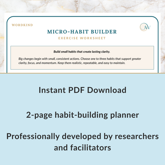 Preview of the Wordkind Micro-Habit Builder, a 2-page habit-building planner for creating and tracking small habits that support focus, planning, and clearer decisions. Instant PDF download.