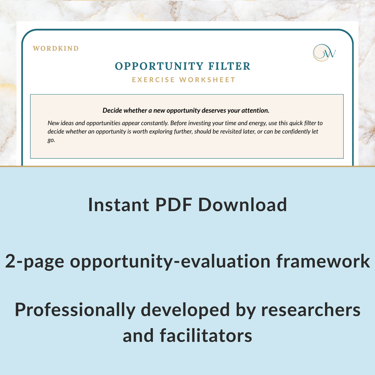 Promotional graphic for an 'Opportunity Filter Exercise Worksheet' instant PDF download by Wordkind. The top portion shows a preview of the worksheet with a cream background, teal border, and dark teal text.