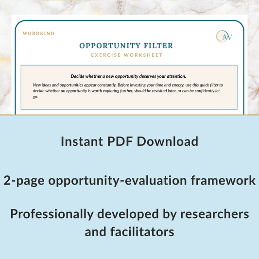 Promotional graphic for an 'Opportunity Filter Exercise Worksheet' instant PDF download by Wordkind. The top portion shows a preview of the worksheet with a cream background, teal border, and dark teal text.
