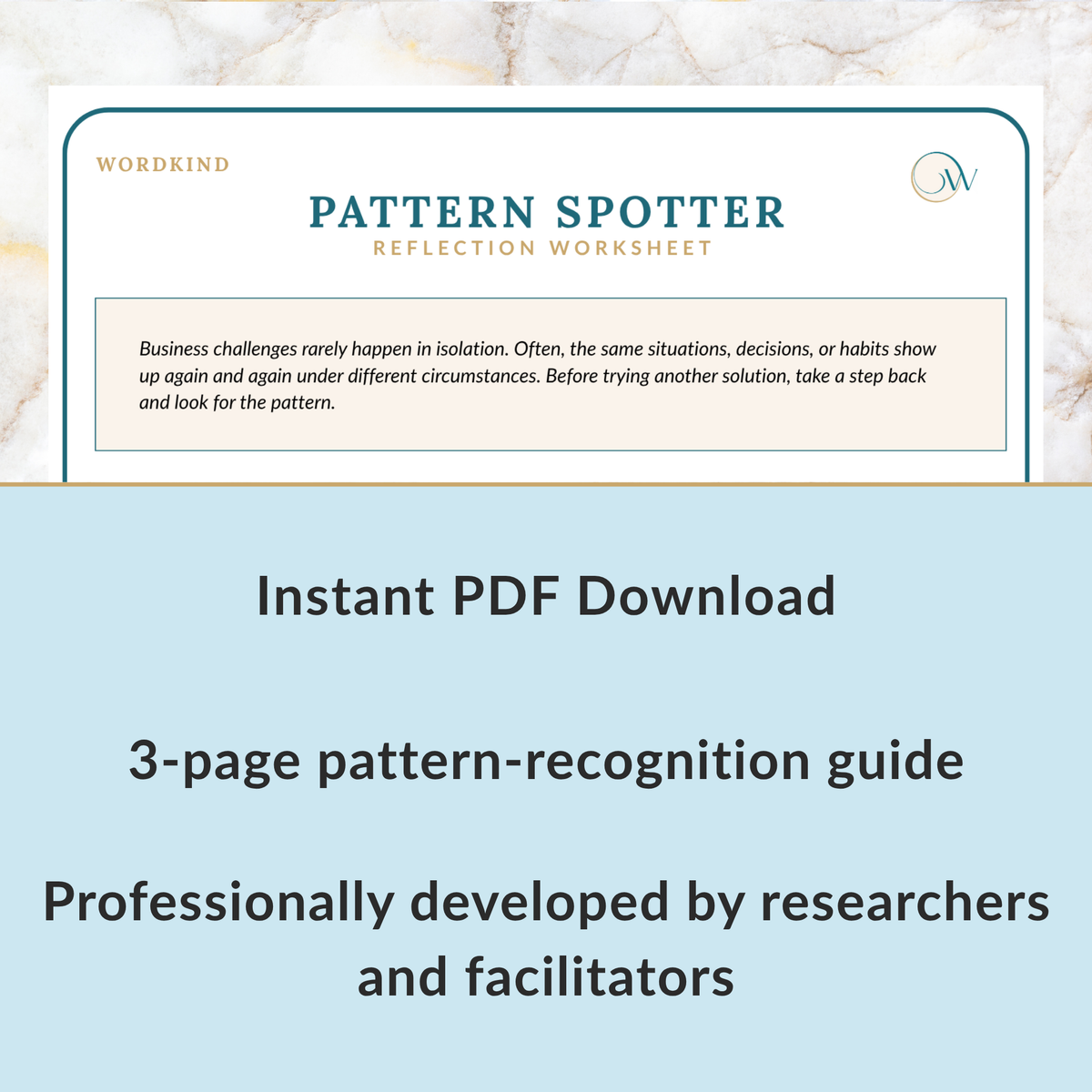 Promotional graphic for a digital PDF download titled 'Pattern Spotter Reflection Worksheet' by Wordkind. The top portion shows a worksheet cover with a marble background, teal title text, and a description box.