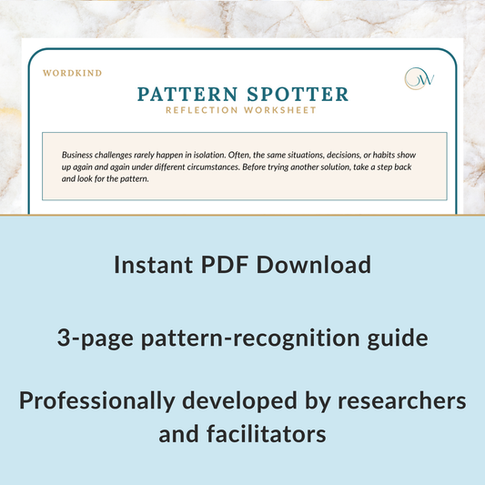 Promotional graphic for a digital PDF download titled 'Pattern Spotter Reflection Worksheet' by Wordkind. The top portion shows a worksheet cover with a marble background, teal title text, and a description box.