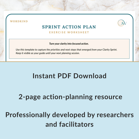 Promotional graphic for a Wordkind 'Sprint Action Plan Exercise Worksheet' instant PDF download, showing a preview of the 2-page action-planning worksheet on a light marble background above a light blue text block with product details.