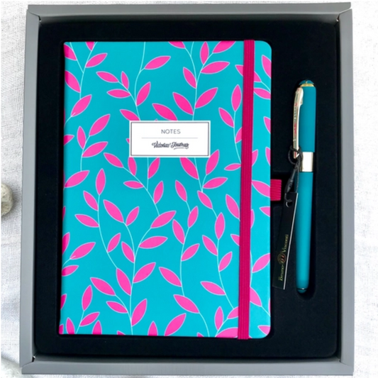 Vegan Leather Hard Cover Journal, Pouch and Pen Gift Set (Turquoise/Pink) - Wordkind