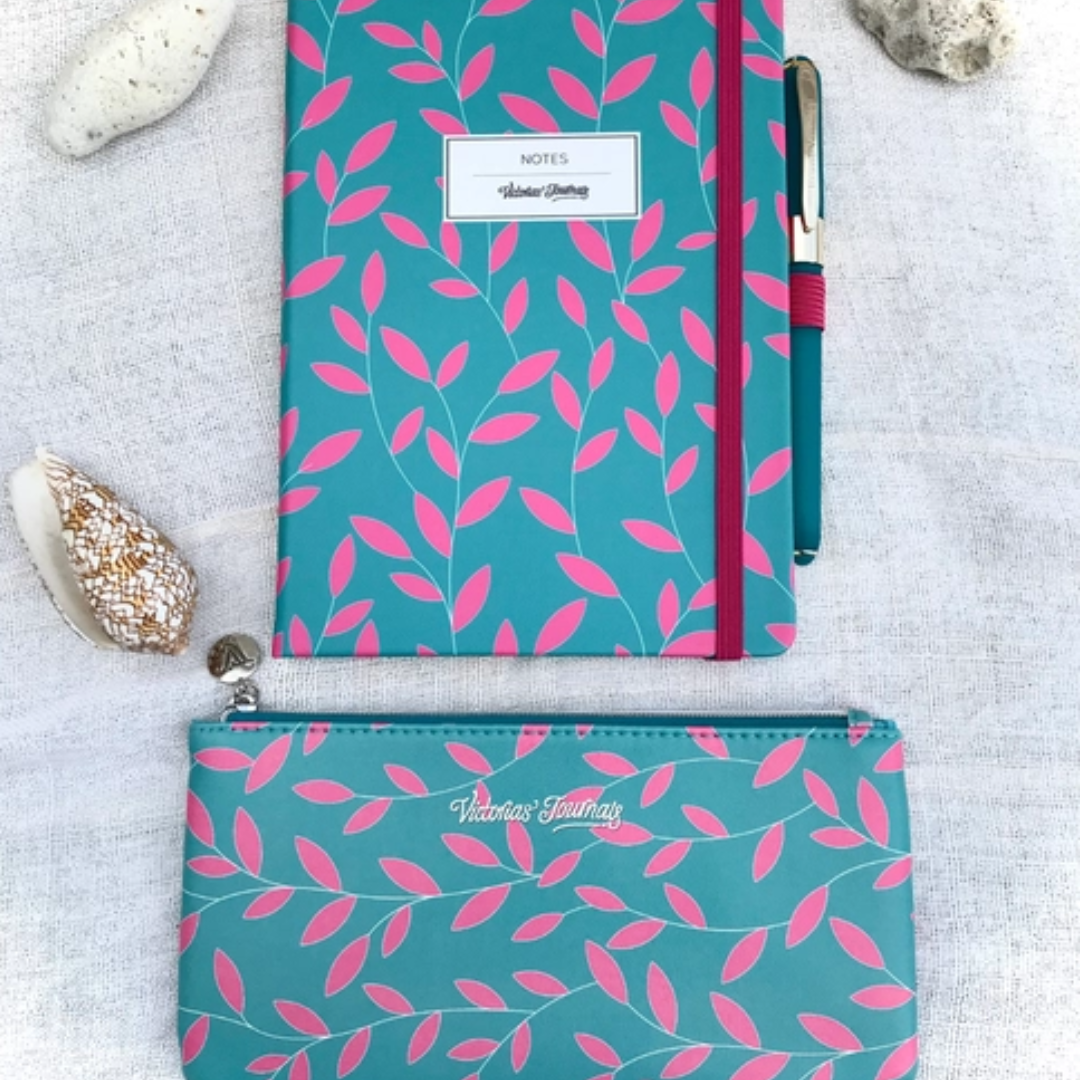 Vegan Leather Hard Cover Journal, Pouch and Pen Gift Set (Turquoise/Pink) - Wordkind