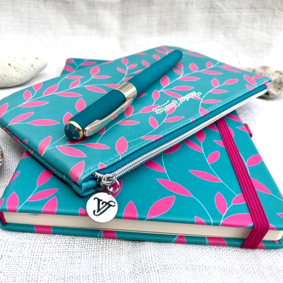 Vegan Leather Hard Cover Journal, Pouch and Pen Gift Set (Turquoise/Pink) - Wordkind