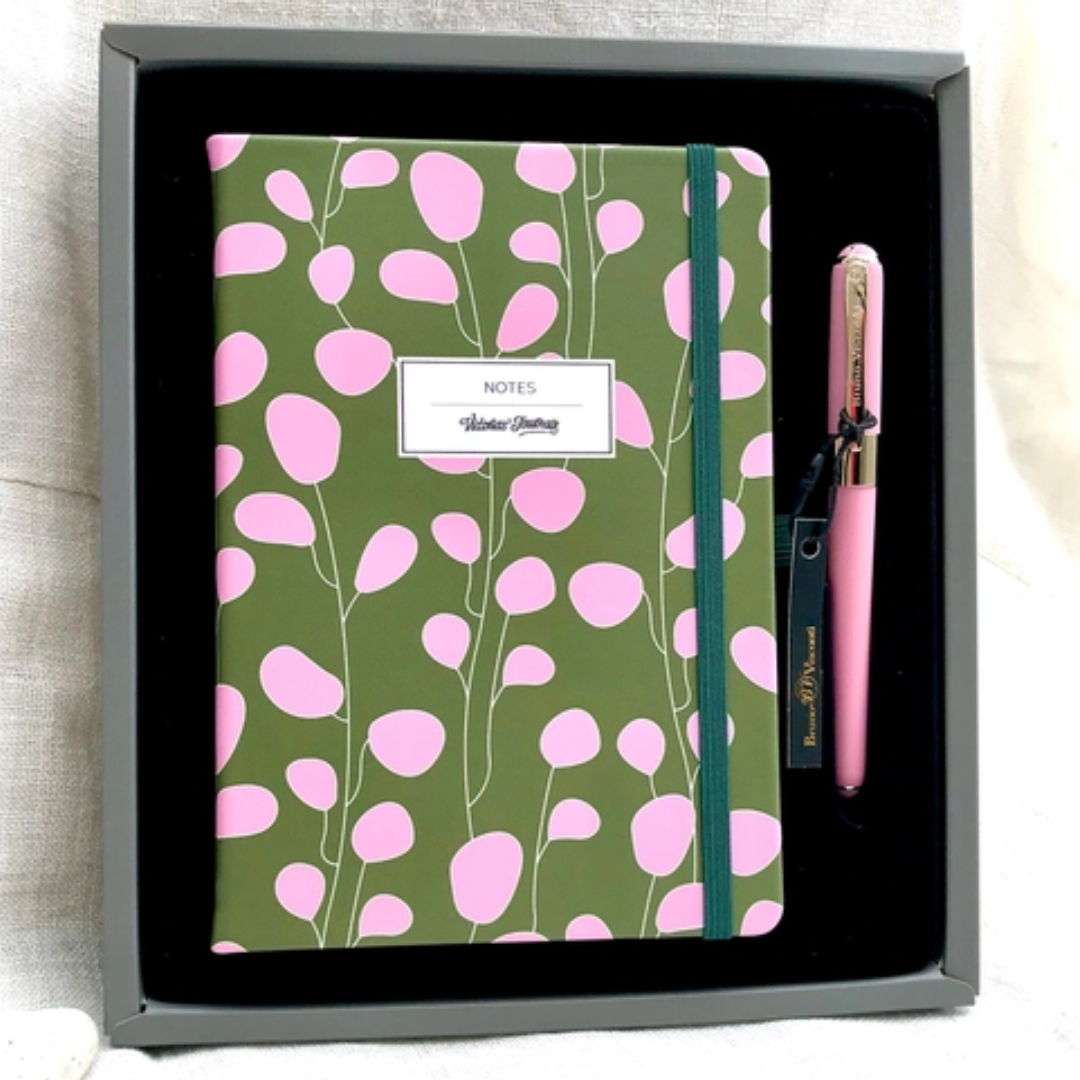 Vegan Leather Hard Cover Journal, Pouch and Pen Gift Set (Green/Pink) - Wordkind