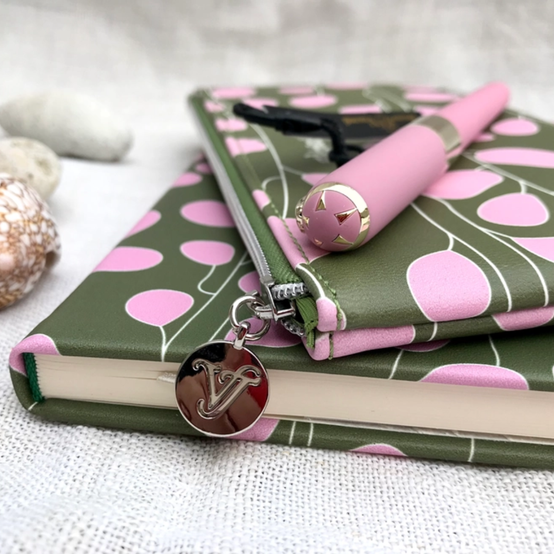 Vegan Leather Hard Cover Journal, Pouch and Pen Gift Set (Green/Pink) - Wordkind