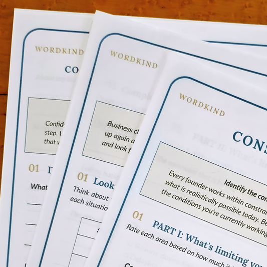 Three overlapping printed worksheets from the brand WORDKIND, showing business worksheet content, photographed on a wooden surface.