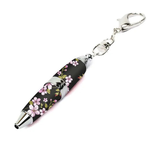 Black Pen with Pink Flowers Mini Keyring Pen: Timeless and Elegant