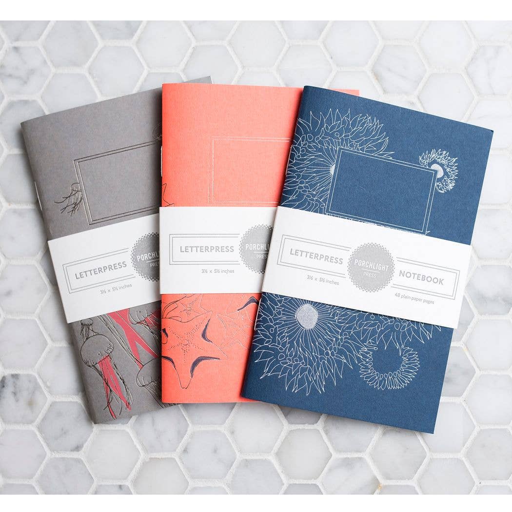 Set of 3 Pocket Letterpress Notebooks - Aquatic Series - Wordkind Stationery Boutique