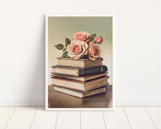 Vintage Books & Roses Art Print | Romantic & Nostalgic Decor | Made in Canada - Wordkind Stationery Boutique